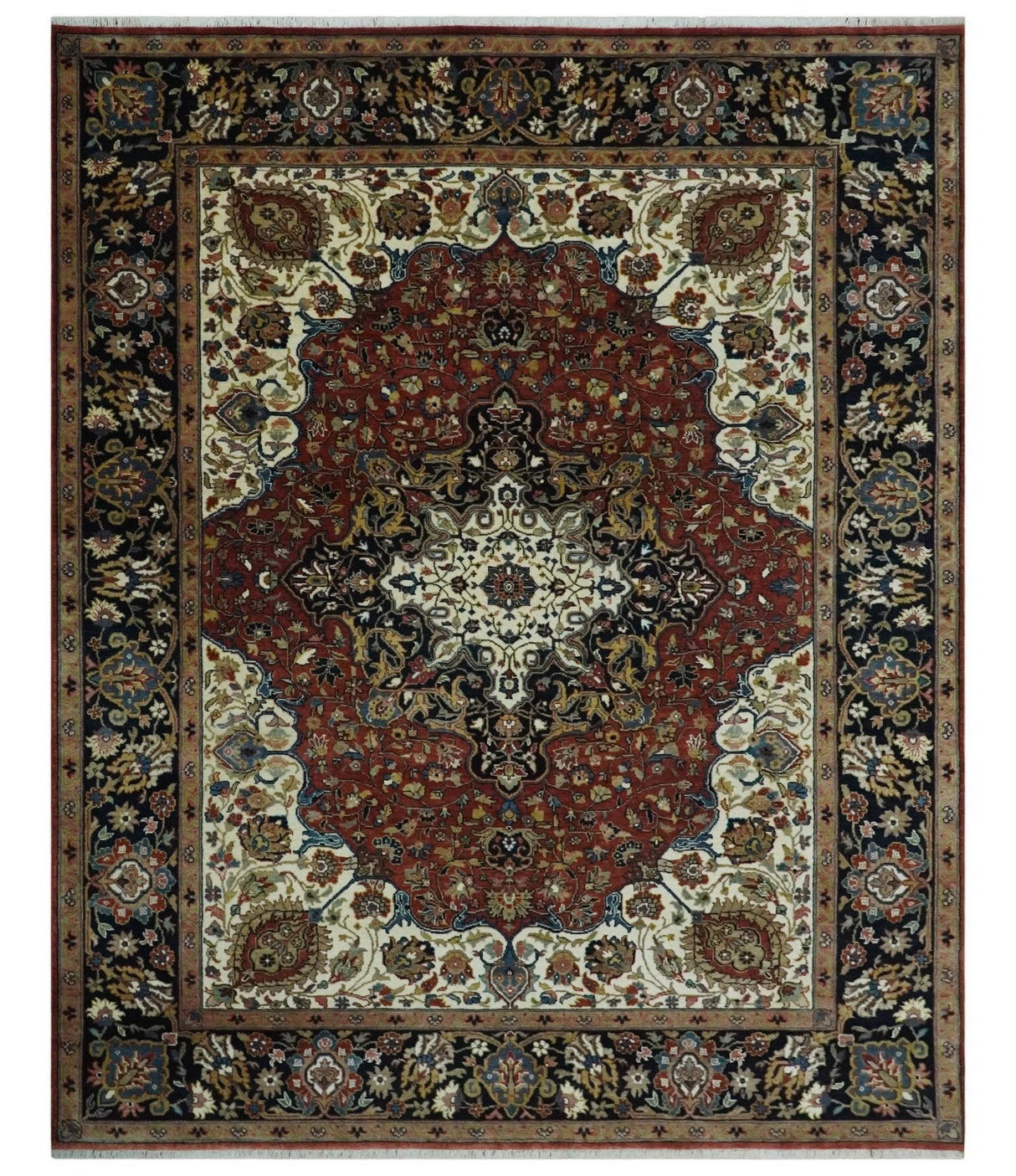 8x10 and 10x14 Fine Hand Knotted Rust, Ivory and Blue Traditional Vintage Heriz Serapi Antique Wool Rug