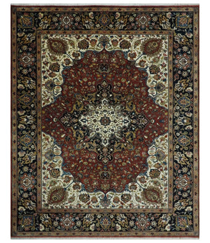 8x10 and 10x14 Fine Hand Knotted Rust, Ivory and Blue Traditional Vintage Heriz Serapi Antique Wool Rug