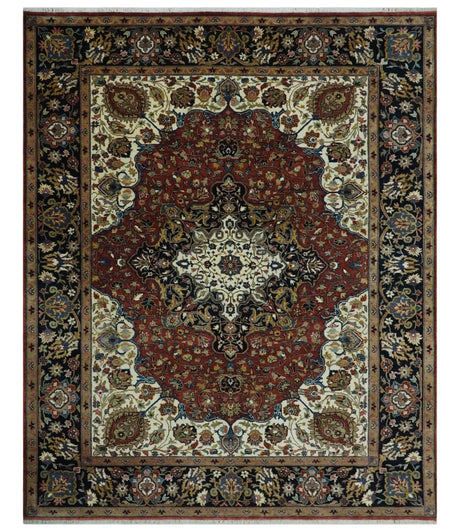 8x10 and 10x14 Fine Hand Knotted Rust, Ivory and Blue Traditional Vintage Heriz Serapi Antique Wool Rug