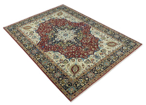 8x10 and 10x14 Fine Hand Knotted Rust, Ivory and Blue Traditional Vintage Heriz Serapi Antique Wool Rug