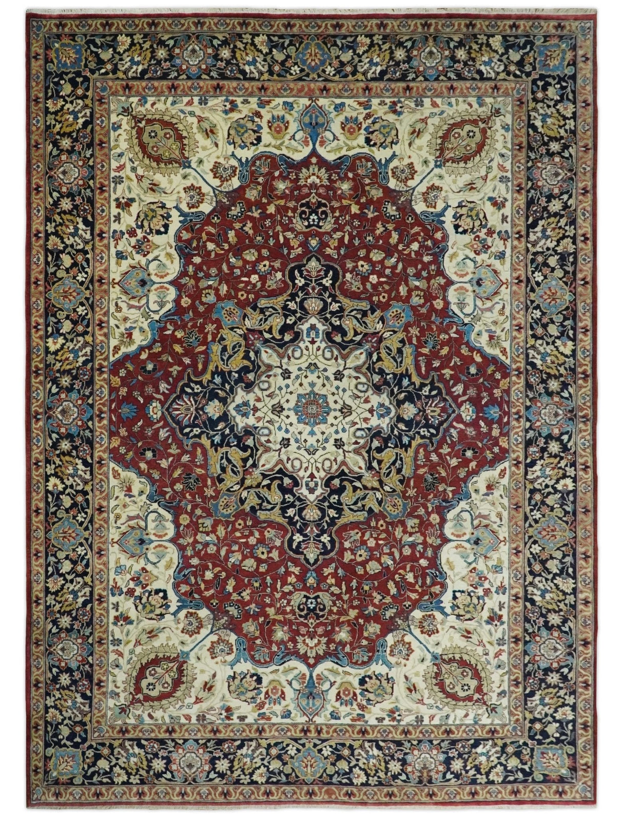 8x10 and 10x14 Fine Hand Knotted Rust, Ivory and Blue Traditional Vintage Heriz Serapi Antique Wool Rug