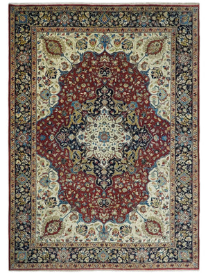 8x10 and 10x14 Fine Hand Knotted Rust, Ivory and Blue Traditional Vintage Heriz Serapi Antique Wool Rug