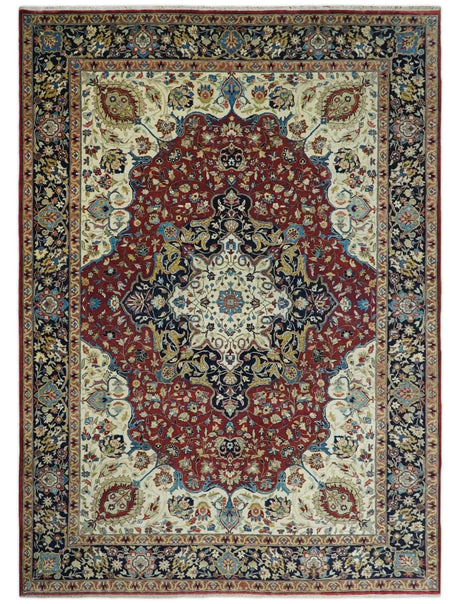 8x10 and 10x14 Fine Hand Knotted Rust, Ivory and Blue Traditional Vintage Heriz Serapi Antique Wool Rug