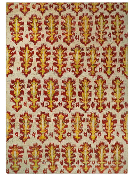 8x10 and 10x14 Hand Knotted Beige, Rust and Gold Modern Contemporary Southwestern Tribal Trellis Recycled Silk Area Rug | OP24