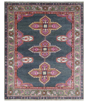 8x10 and 10x14 Hand Knotted Charcoal, Silver and Pink Traditional Wool Area Rug