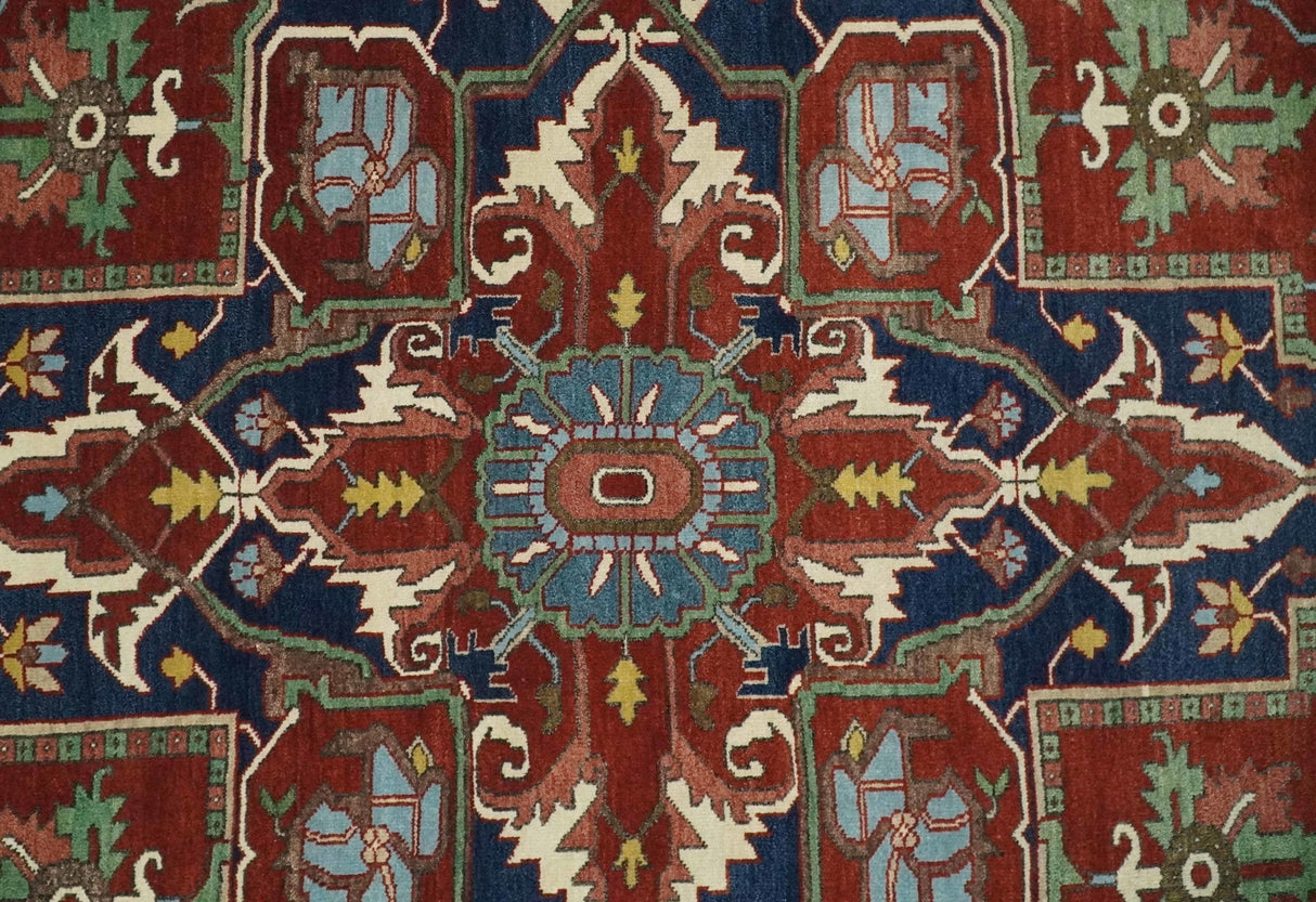 8x10 and 9x12 Fine Hand Knotted Blue, Ivory and Rust Traditional Vintage Heriz Serapi Antique Wool Rug | TRDCP470