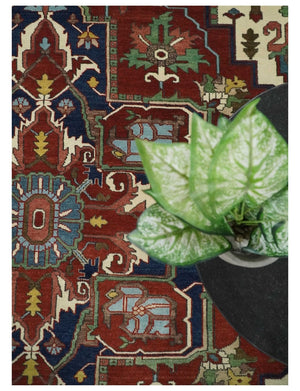 8x10 and 9x12 Fine Hand Knotted Blue, Ivory and Rust Traditional Vintage Heriz Serapi Antique Wool Rug | TRDCP470