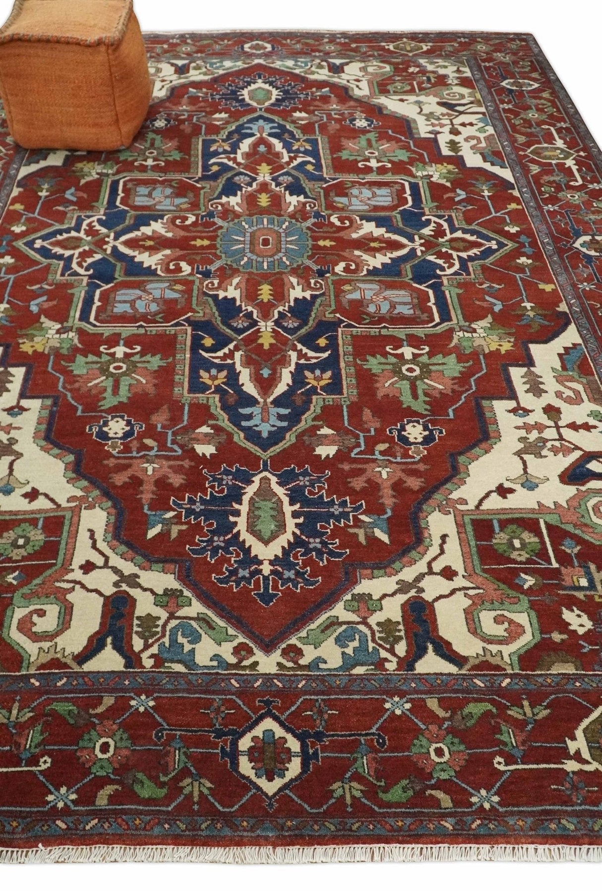 8x10 and 9x12 Fine Hand Knotted Blue, Ivory and Rust Traditional Vintage Heriz Serapi Antique Wool Rug | TRDCP470