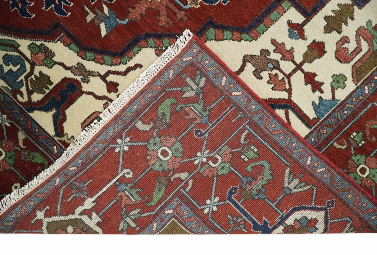 8x10 and 9x12 Fine Hand Knotted Blue, Ivory and Rust Traditional Vintage Heriz Serapi Antique Wool Rug | TRDCP470