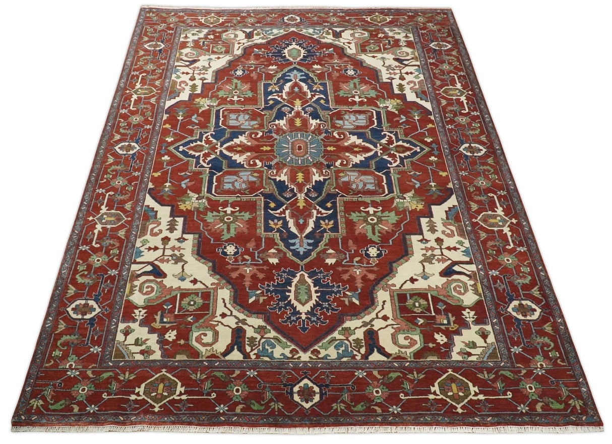 8x10 and 9x12 Fine Hand Knotted Blue, Ivory and Rust Traditional Vintage Heriz Serapi Antique Wool Rug | TRDCP470
