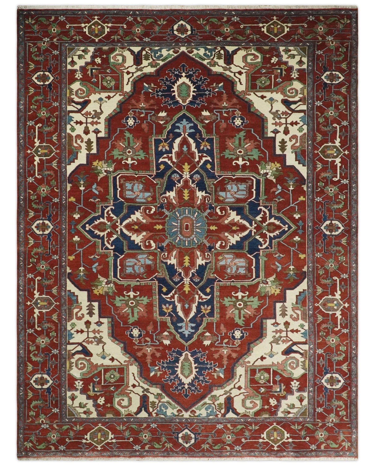 8x10 and 9x12 Fine Hand Knotted Blue, Ivory and Rust Traditional Vintage Heriz Serapi Antique Wool Rug | TRDCP470
