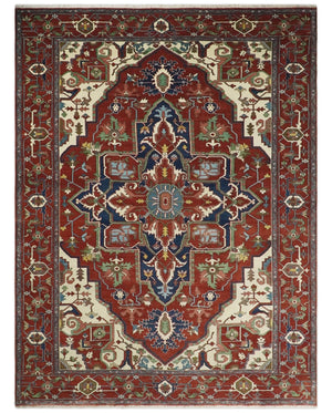 8x10 and 9x12 Fine Hand Knotted Blue, Ivory and Rust Traditional Vintage Heriz Serapi Antique Wool Rug | TRDCP470