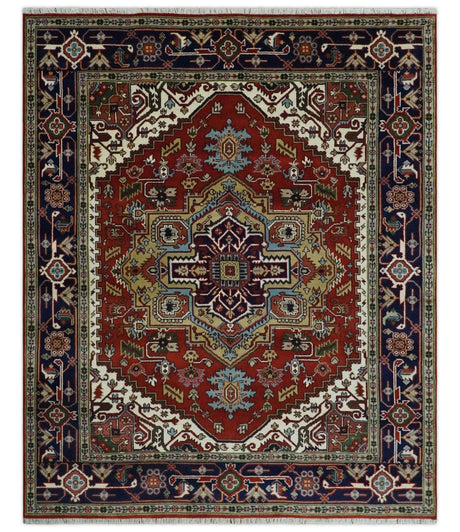 8x10 and 9x12 Hand Knotted Brown, Mustard, Ivory and Blue Traditional Wool Area Rug