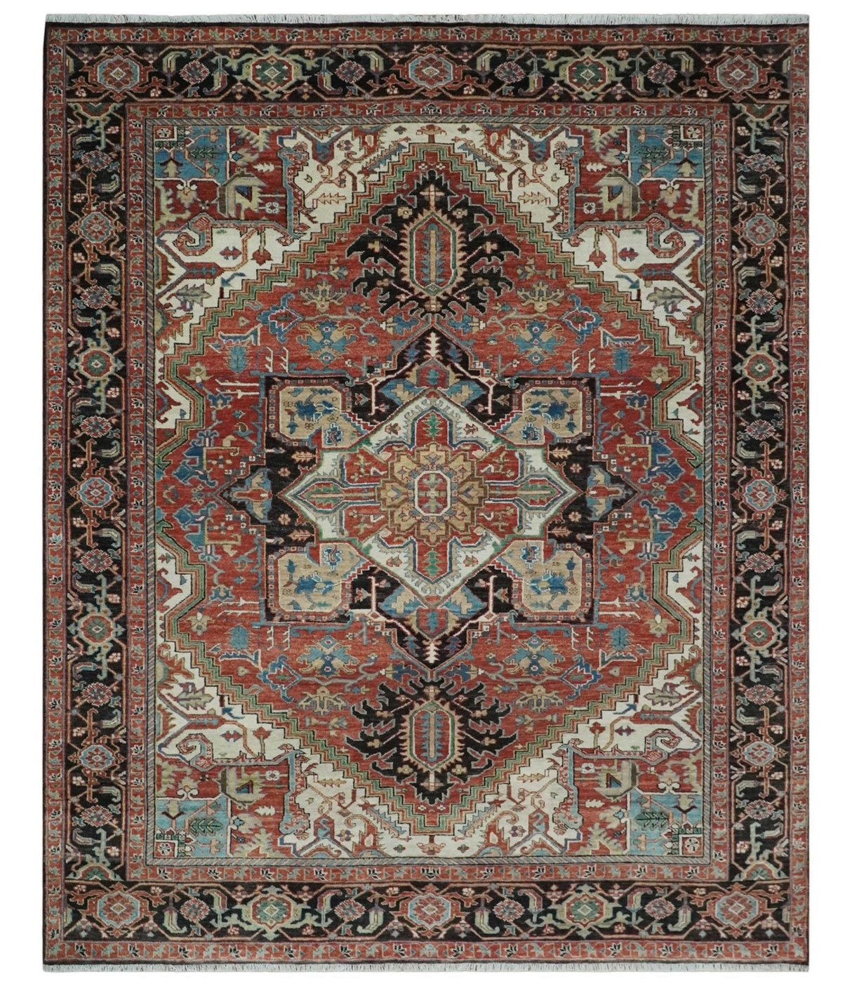 8x10 and 9x12 Hand Knotted Rust, Ivory and Black Traditional Wool Area Rug
