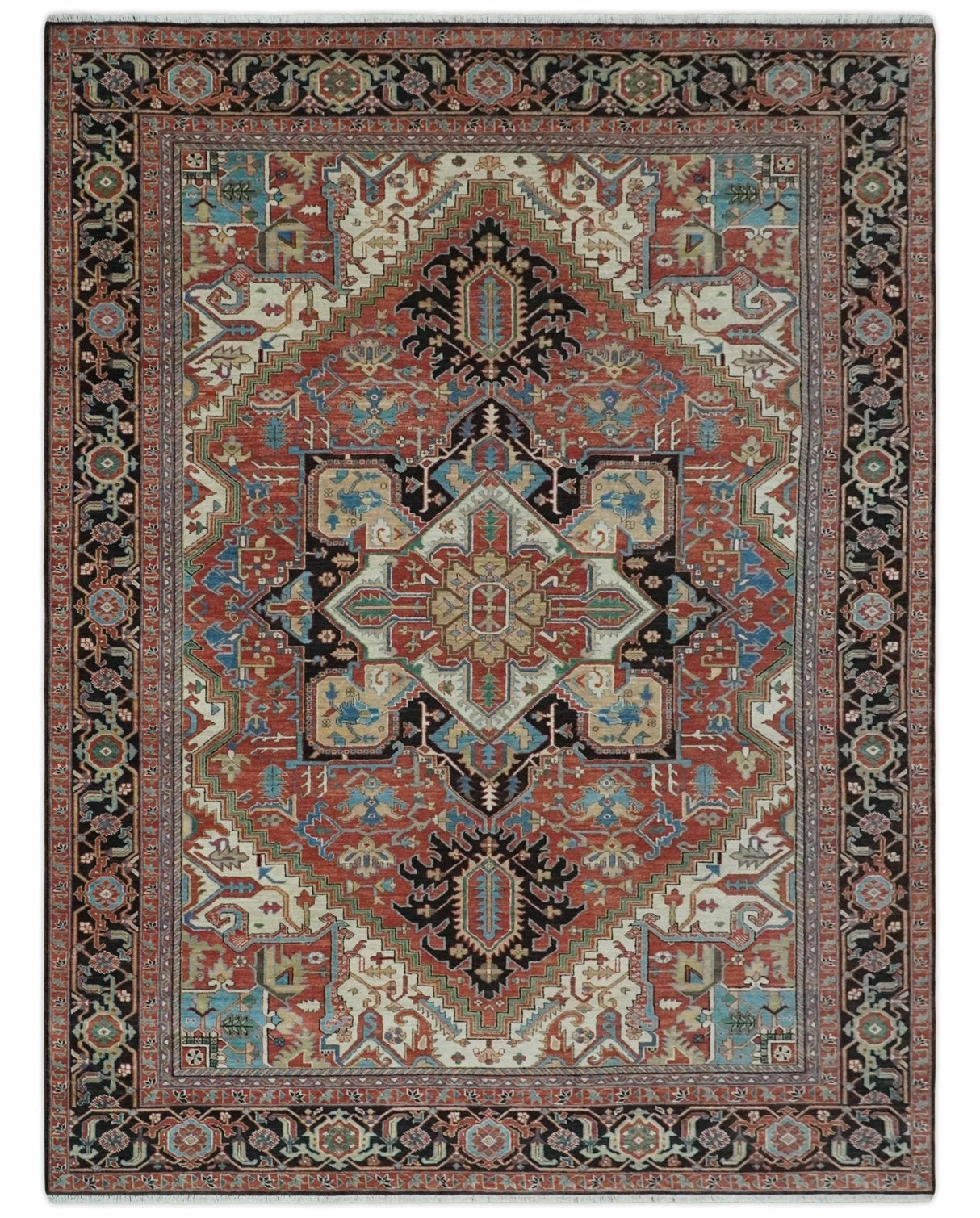 8x10 and 9x12 Hand Knotted Rust, Ivory and Black Traditional Wool Area Rug