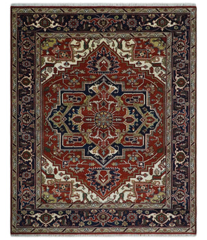 8x10 and 9x12 Traditional Rust, Ivory and Blue Hand knotted wool Area Rug