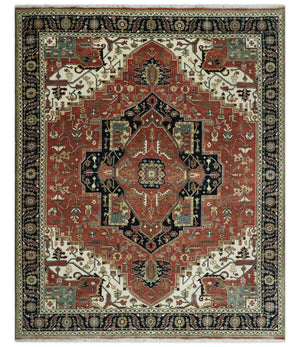8x10 and 9x12 Wool Hand Knotted Heriz Serapi Black, Rust and Ivory Floral Area Rug | TRDCP1063