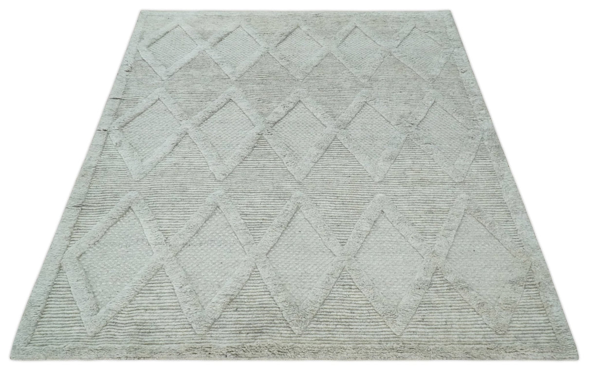 8x10 carved Texture Silver and Charcoal Geometrical hand knotted wool Area rug