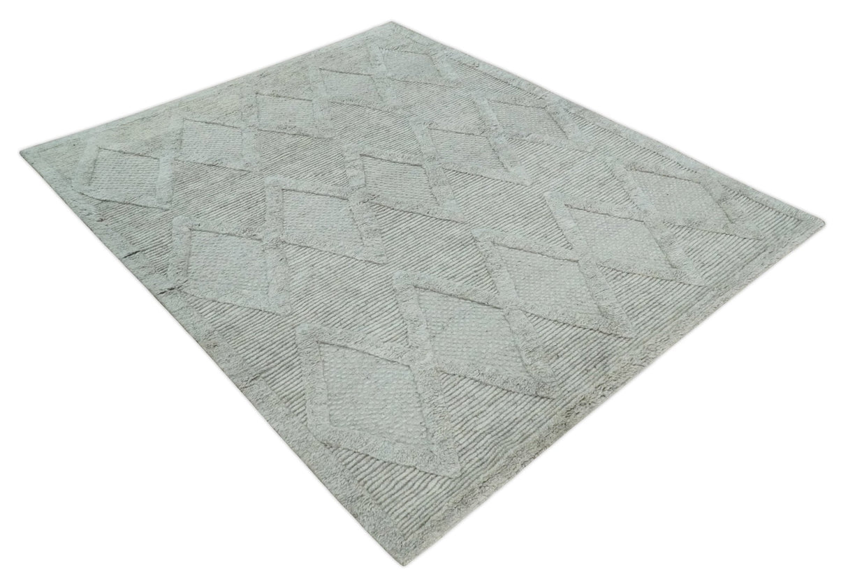 8x10 carved Texture Silver and Charcoal Geometrical hand knotted wool Area rug