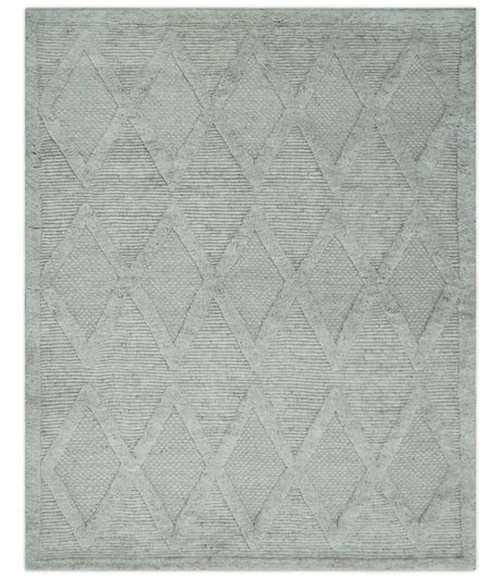 8x10 carved Texture Silver and Charcoal Geometrical hand knotted wool Area rug