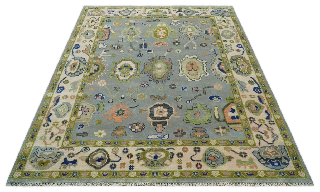 8x10 wool Vibrant Colorful Silver, Green and Light Peach Hand knotted Oushak Area Rug