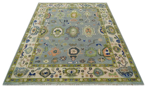 8x10 wool Vibrant Colorful Silver, Green and Light Peach Hand knotted Oushak Area Rug