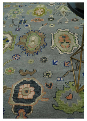 8x10 wool Vibrant Colorful Silver, Green and Light Peach Hand knotted Oushak Area Rug