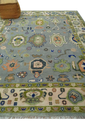 8x10 wool Vibrant Colorful Silver, Green and Light Peach Hand knotted Oushak Area Rug