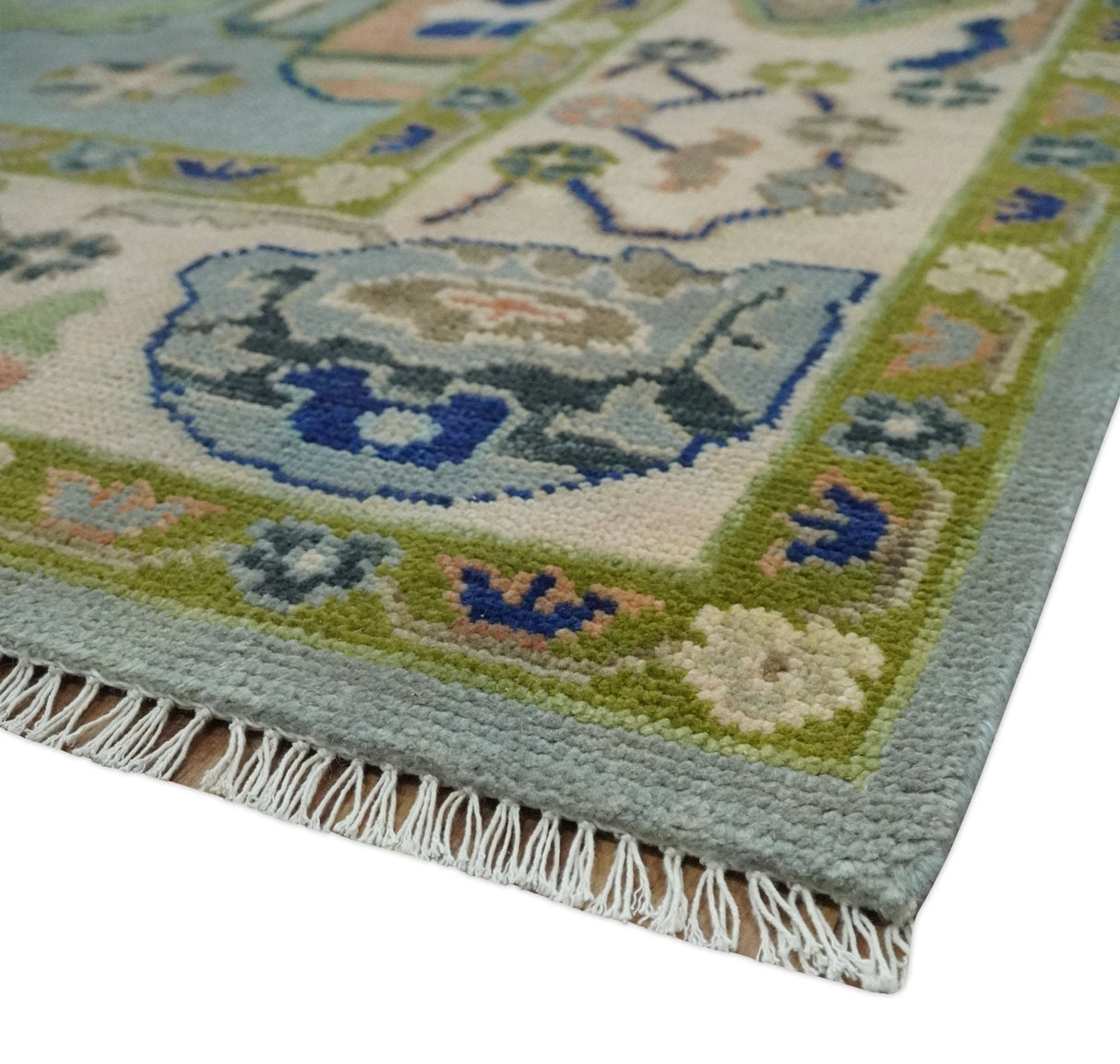 8x10 wool Vibrant Colorful Silver, Green and Light Peach Hand knotted Oushak Area Rug