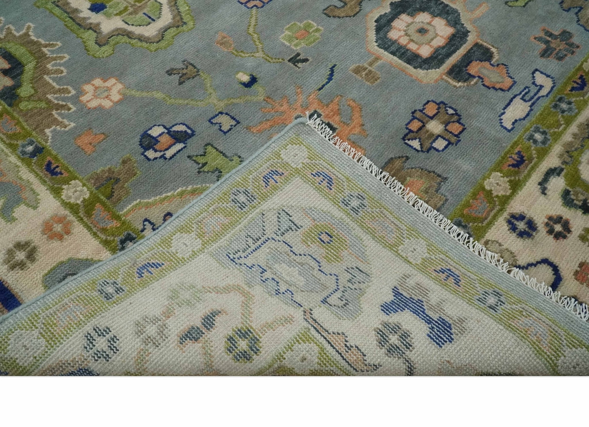 8x10 wool Vibrant Colorful Silver, Green and Light Peach Hand knotted Oushak Area Rug