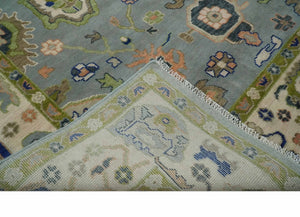 8x10 wool Vibrant Colorful Silver, Green and Light Peach Hand knotted Oushak Area Rug
