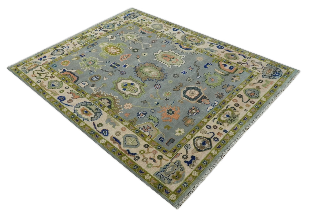 8x10 wool Vibrant Colorful Silver, Green and Light Peach Hand knotted Oushak Area Rug