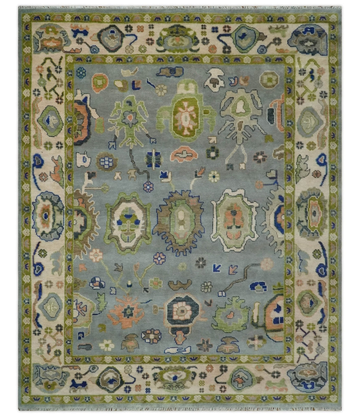 8x10 wool Vibrant Colorful Silver, Green and Light Peach Hand knotted Oushak Area Rug