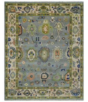 8x10 wool Vibrant Colorful Silver, Green and Light Peach Hand knotted Oushak Area Rug