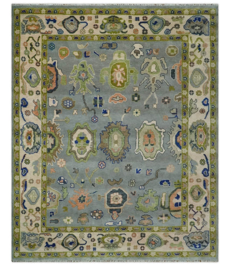 8x10 wool Vibrant Colorful Silver, Green and Light Peach Hand knotted Oushak Area Rug