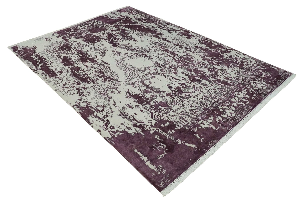 8x11 Beige and Dark Purple Modern Abstract Hand Knotted Wool Area Rug