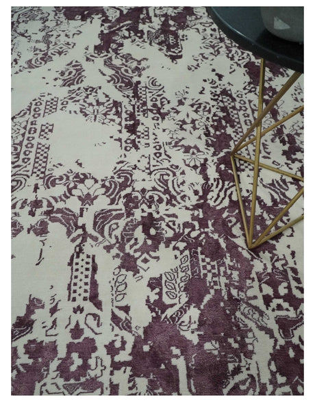 8x11 Beige and Dark Purple Modern Abstract Hand Knotted Wool Area Rug