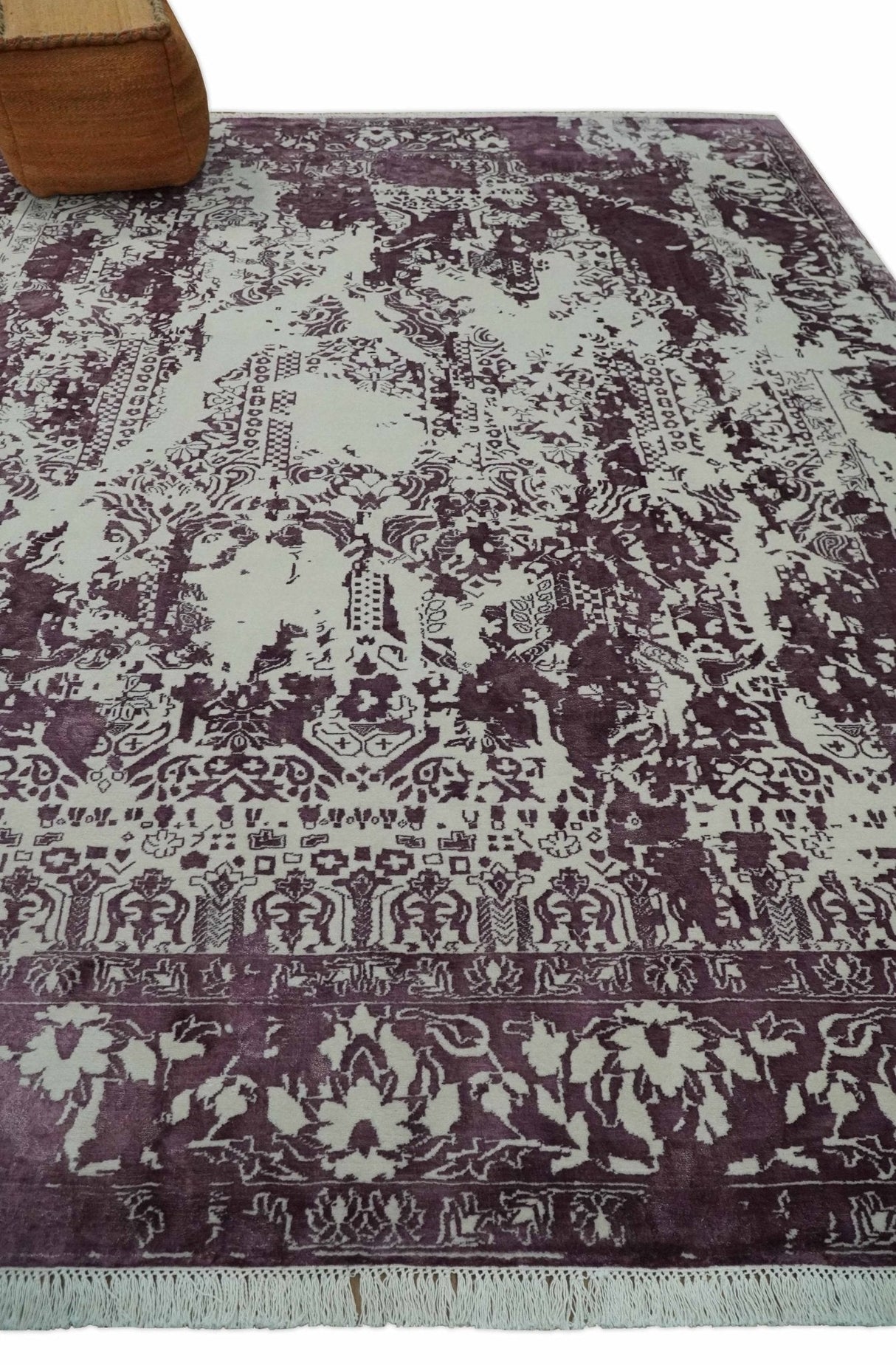 8x11 Beige and Dark Purple Modern Abstract Hand Knotted Wool Area Rug