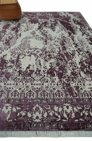 8x11 Beige and Dark Purple Modern Abstract Hand Knotted Wool Area Rug