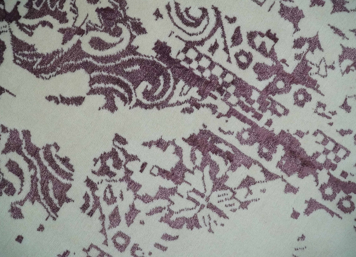 8x11 Beige and Dark Purple Modern Abstract Hand Knotted Wool Area Rug