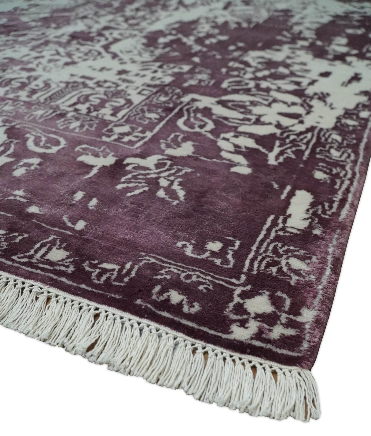 8x11 Beige and Dark Purple Modern Abstract Hand Knotted Wool Area Rug