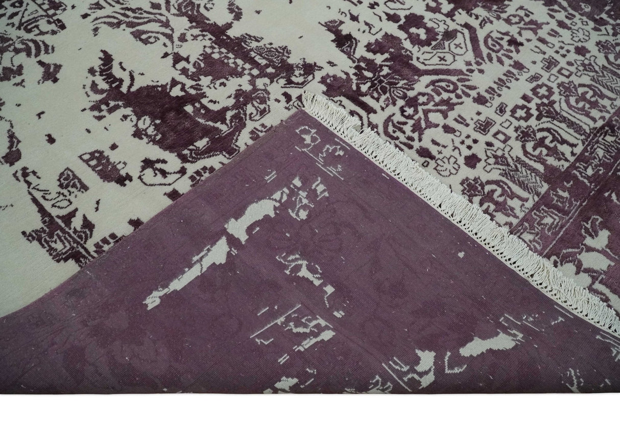 8x11 Beige and Dark Purple Modern Abstract Hand Knotted Wool Area Rug