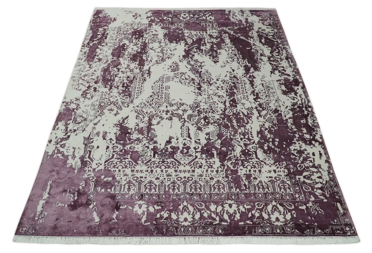 8x11 Beige and Dark Purple Modern Abstract Hand Knotted Wool Area Rug
