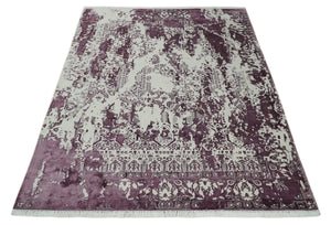 8x11 Beige and Dark Purple Modern Abstract Hand Knotted Wool Area Rug