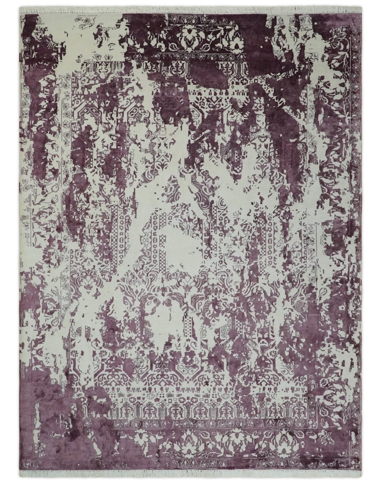 8x11 Beige and Dark Purple Modern Abstract Hand Knotted Wool Area Rug