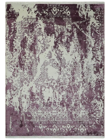 8x11 Beige and Dark Purple Modern Abstract Hand Knotted Wool Area Rug