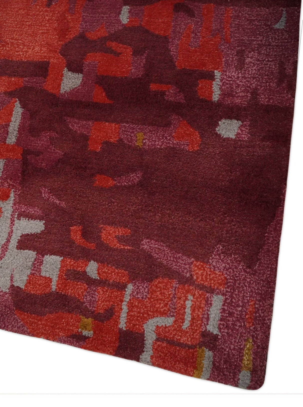 8x11 Red, Rust and Silver Modern Abstract Handmade Wool and Art Silk Area Rug | BAN1
