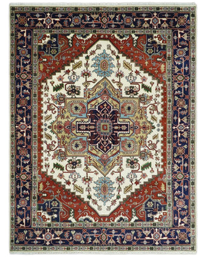8x8, 8x10, 9x12,10x14 and 12x15 Hand Knotted Ivory and Blue Traditional Heriz Serapi Antique Wool Rug | TRDCP76