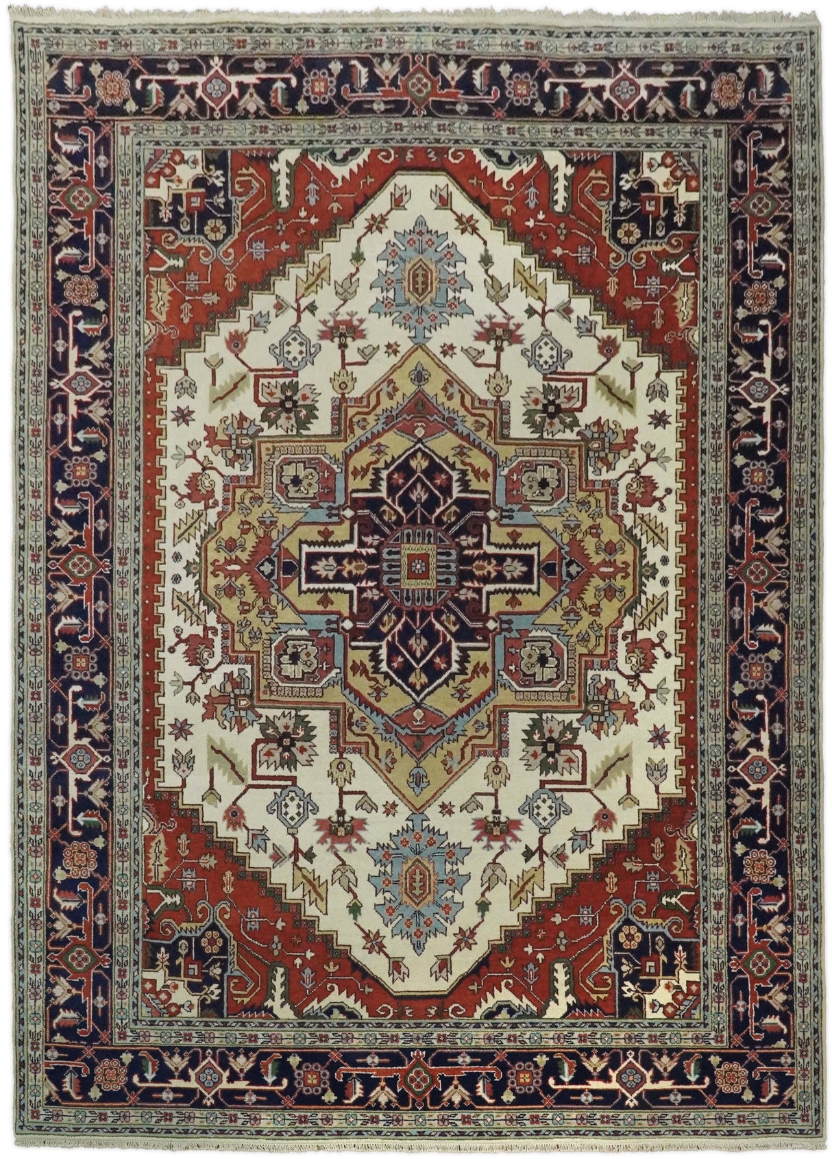 8x8, 8x10, 9x12,10x14 and 12x15 Hand Knotted Ivory and Blue Traditional Heriz Serapi Antique Wool Rug | TRDCP76