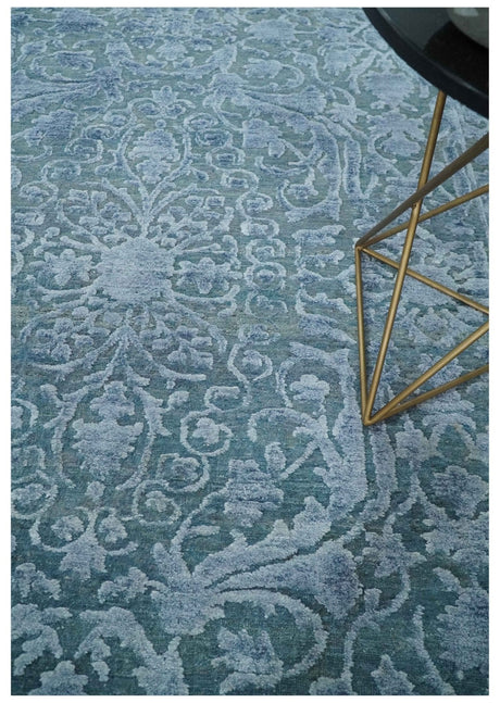 8x9.7 Blue Antique Style, Distressed Finish Hand Carved Traditional Medalian Hand Knotted Wool and Silk Rug